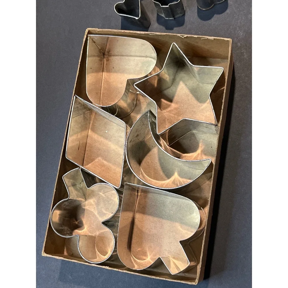 Vintage Metal Cookie Cutter Set Hearts Stars Moon Playing Card Suits 10 Pieces